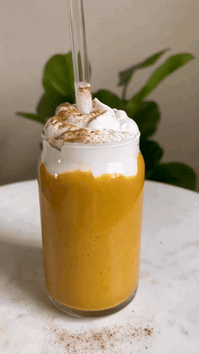 A Glass Of Pumpkin Milkshake With Whipped Cream And Cinnamon On Top GIF