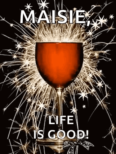 A Glass Of Wine With Fireworks In The Background And The Words `` Maisie , Life Is Good '' GIF