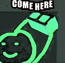 A Glow In The Dark Drawing Of A Face With The Words Come Here Below It GIF