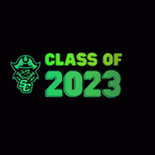 A Glow In The Dark Logo For Class Of 2023 With A Pirate On It GIF