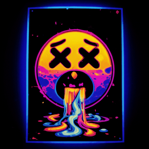 A Glow In The Dark Poster Of A Dead Smiley Face With Liquid Pouring Out Of It GIF
