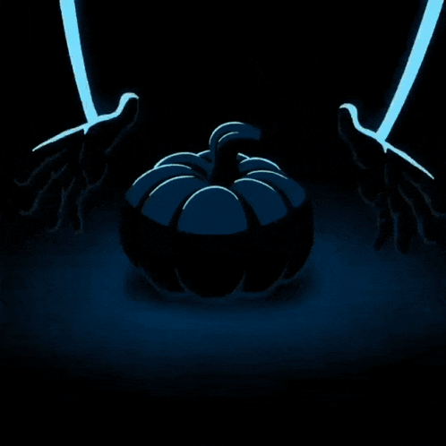 A Glowing Pumpkin With A Scary Face Is Against A Dark Blue Background GIF