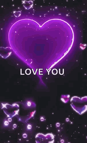A Glowing Purple Heart With The Words `` Love You '' Written On It Surrounded By Hearts . GIF