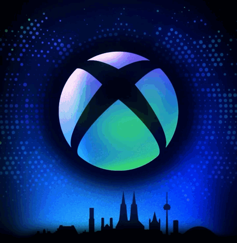 A Glowing Xbox Logo With A City Skyline In The Background GIF