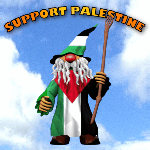 A Gnome Holding A Stick With The Words Support Palestine Written Above Him GIF