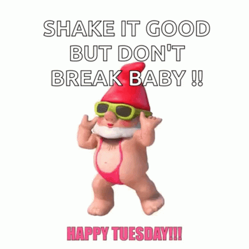A Gnome Wearing Sunglasses And A Bikini Is Dancing With The Words Shake It Good But Don 'T Break Baby Happy Tuesday . GIF