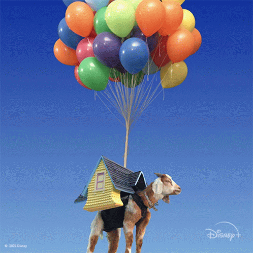 A Goat With A House On Its Back Is Flying Through The Air With Balloons GIF