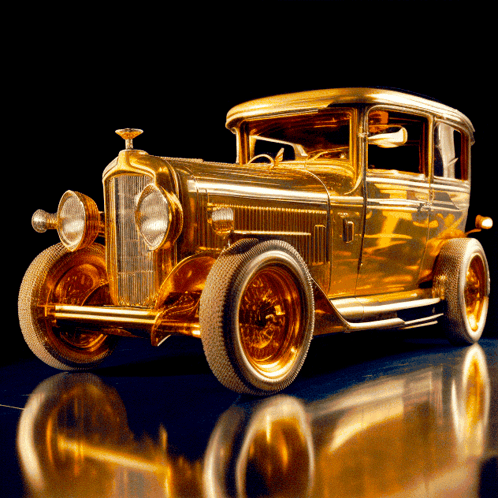 A Gold Car With A Black Background Is Sitting On A Shiny Surface GIF