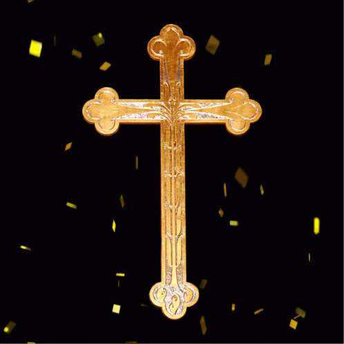 A Gold Cross Is Surrounded By Gold Confetti GIF