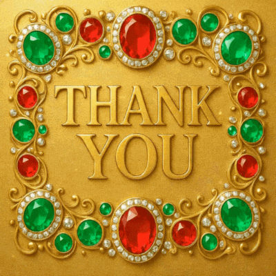 A Gold Frame With Red And Green Stones And The Words Thank You GIF