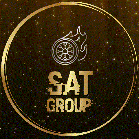 A Gold Logo For The Sat Group With A Wheel In The Center GIF