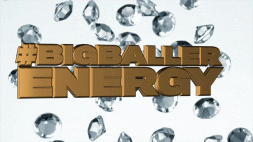 A Gold Sign That Says Bigballer Energy With Diamonds In The Background GIF