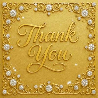 a gold thank you card with diamonds in the corners