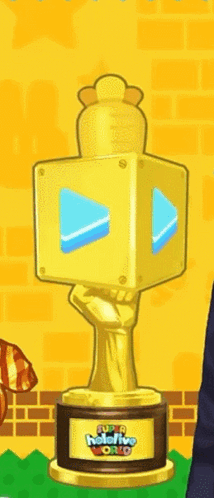 A Gold Trophy With A Hand Holding A Cube That Says Super Mario World GIF
