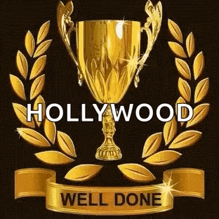 A Gold Trophy With A Laurel Wreath Around It And A Ribbon That Says `` Hollywood Well Done '' . GIF