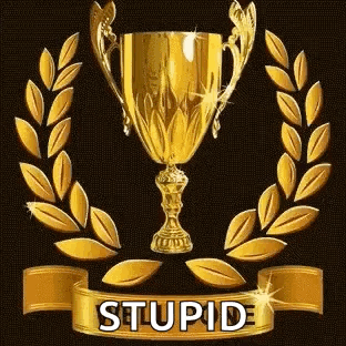 A Gold Trophy With A Laurel Wreath Around It And A Ribbon That Says Stupid On It . GIF