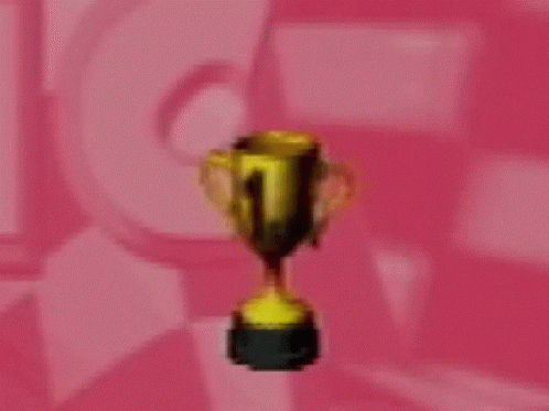 A Gold Trophy With The Number 1 On It Is Floating In The Air On A Pink Background . GIF