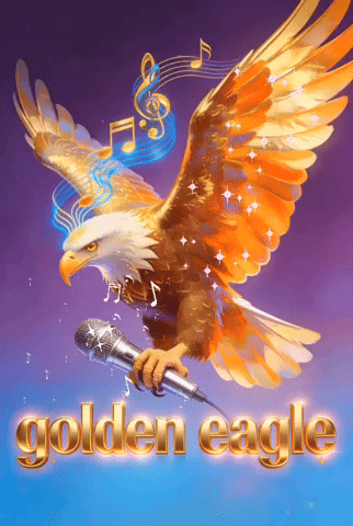 a golden eagle is holding a microphone with music notes coming out of its wings