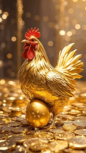 A Golden Rooster Standing On Top Of A Golden Egg In A Pile Of Gold Coins GIF