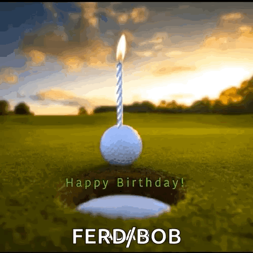 A Golf Ball With A Candle On Top Of It And The Words Happy Birthday Fern Bob GIF