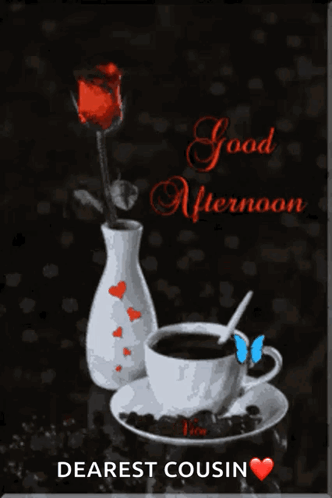 A Good Afternoon Card With A Cup Of Coffee And A Vase With A Rose GIF