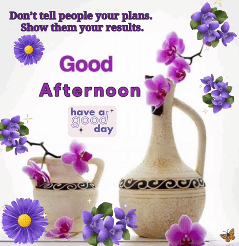 A Good Afternoon Greeting Card With Purple Flowers In Vases GIF