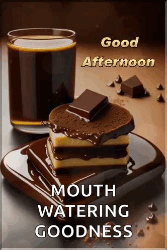 A Good Afternoon Greeting With A Glass Of Coffee And A Piece Of Chocolate Cake GIF