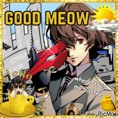 A Good Meow Greeting Card With A Man Holding A Sword GIF