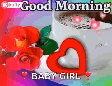 A Good Morning Baby Girl Greeting Card With Roses And A Cup Of Coffee . GIF