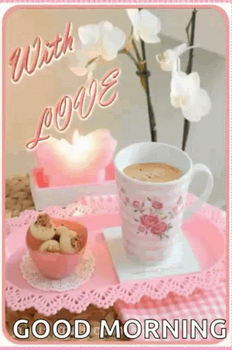 A Good Morning Card With A Cup Of Coffee And Flowers GIF