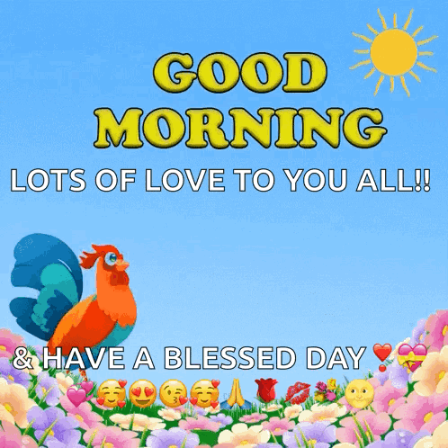Good Morning Card With Rooster And Flowers GIF
