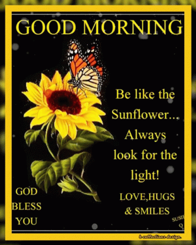 A Good Morning Card With A Sunflower And A Butterfly On It GIF
