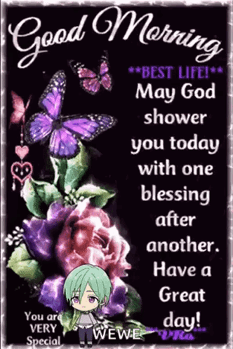 A Good Morning Card With Purple Butterflies And Flowers GIF