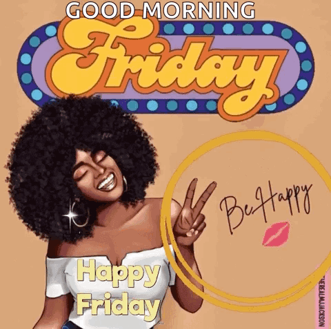 A Good Morning Friday Greeting Card With A Woman Giving A Peace Sign . GIF