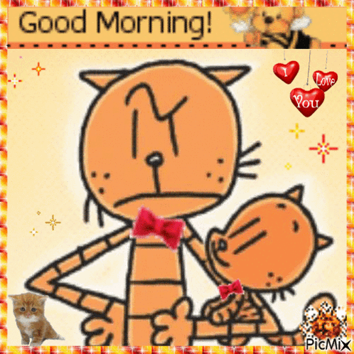 A Good Morning Greeting Card With A Cartoon Cat And Kitten GIF