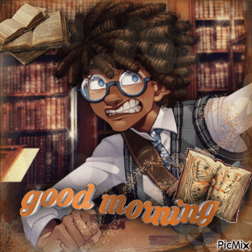 A Good Morning Greeting Card With A Cartoon Character And Books GIF