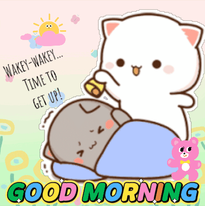 A Good Morning Greeting Card With A Cat Laying On Another Cat GIF