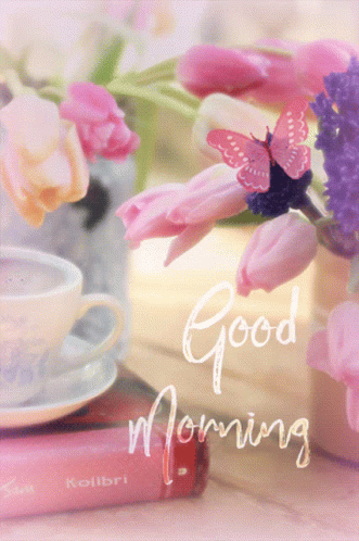 a good morning greeting card with a cup of coffee and pink flowers