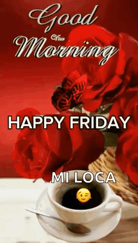 A Good Morning Greeting Card With A Cup Of Coffee And Roses GIF