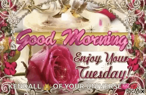 A Good Morning Greeting Card With A Pink Rose And Birds On It . GIF