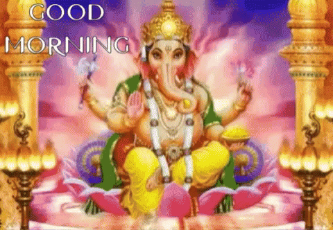 a good morning greeting card with a statue of ganesha on a lotus flower .