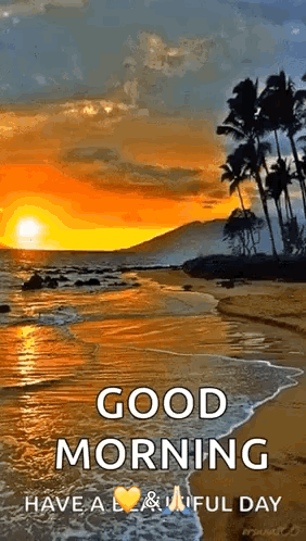 A Good Morning Greeting Card With A Sunset Over A Beach . GIF