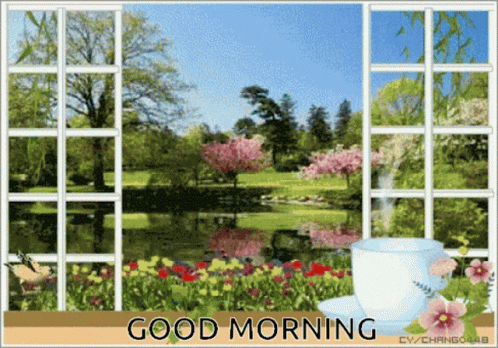 A Good Morning Greeting Card With A View Of A Park GIF
