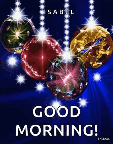 A Good Morning Greeting Card With Christmas Balls And Stars On A Blue Background . GIF