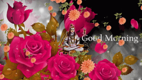 A Good Morning Greeting Card With Flowers And A Statue GIF