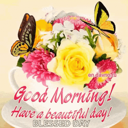 a good morning greeting card with flowers and butterflies in a cup