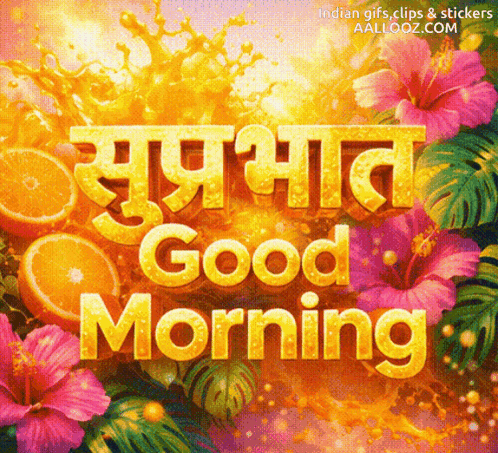A Good Morning Greeting Card With Flowers And Orange Slices GIF
