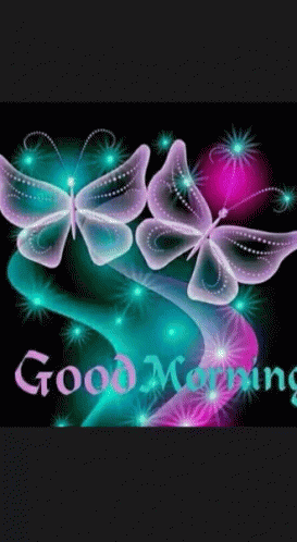 A Good Morning Greeting Card With Glowing Butterflies On A Black Background GIF