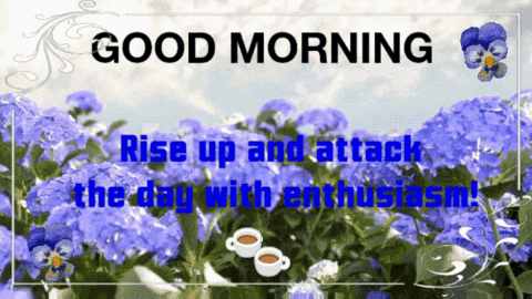 A Good Morning Greeting Card With Purple Flowers And Coffee Cups GIF