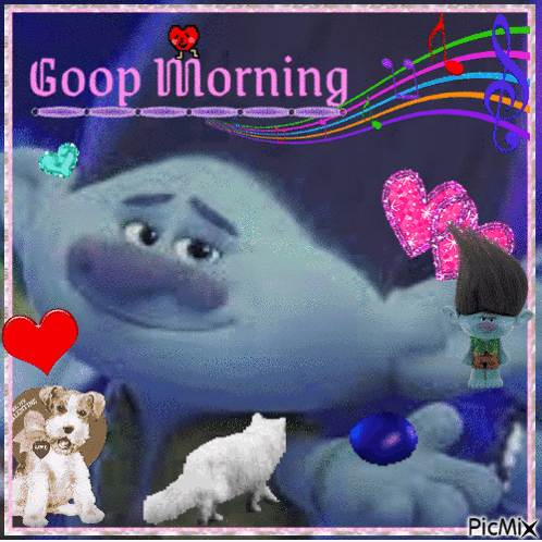 A Good Morning Greeting Card With Trolls And Animals GIF